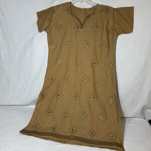 Indian Salwar Kameez Nylon Bollywood‎ Punjabi Dress Beige Gold Splits Sz Med